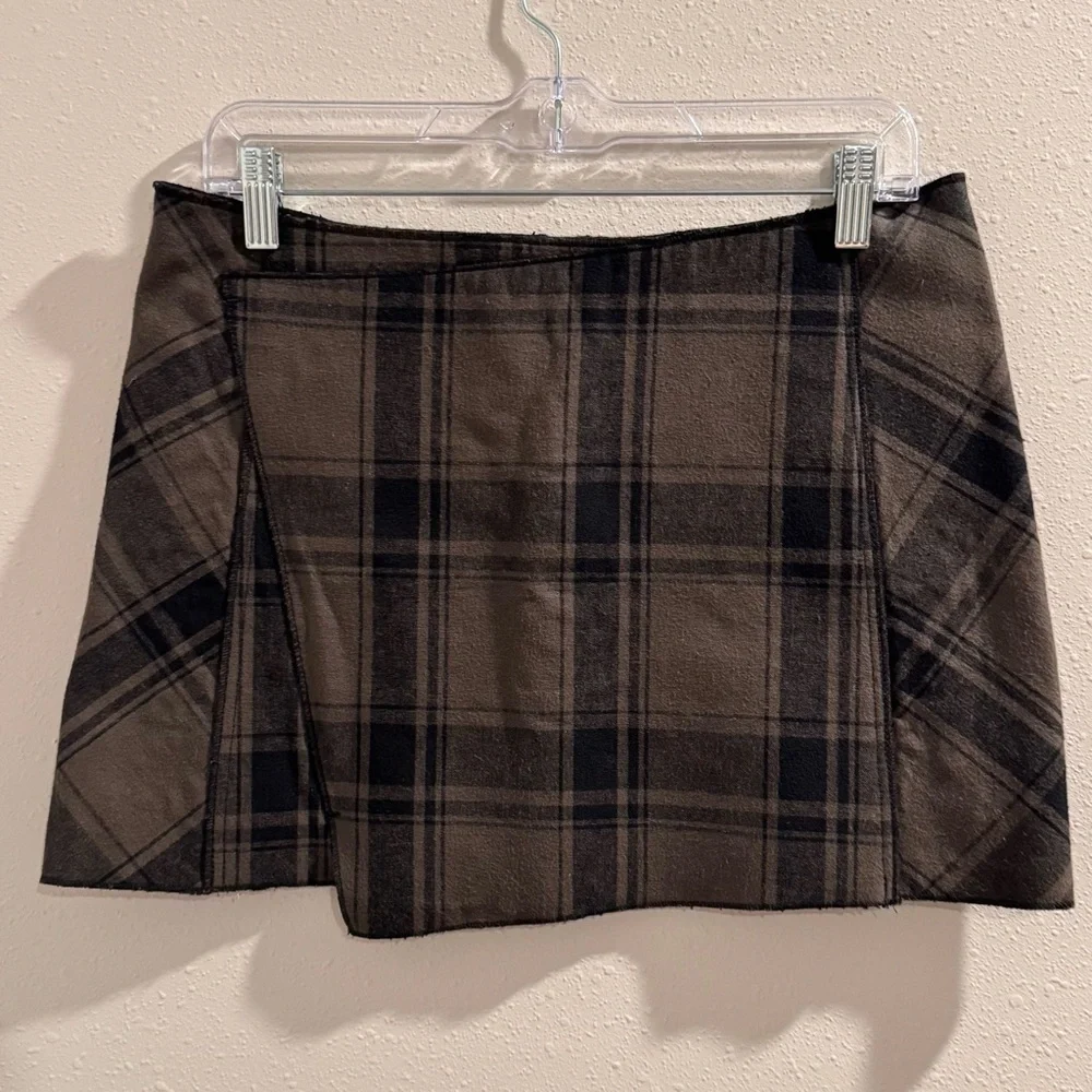 Free People Women's Size 6 Army Green Demi Wrap Plaid Mini Skirt Boho Festival